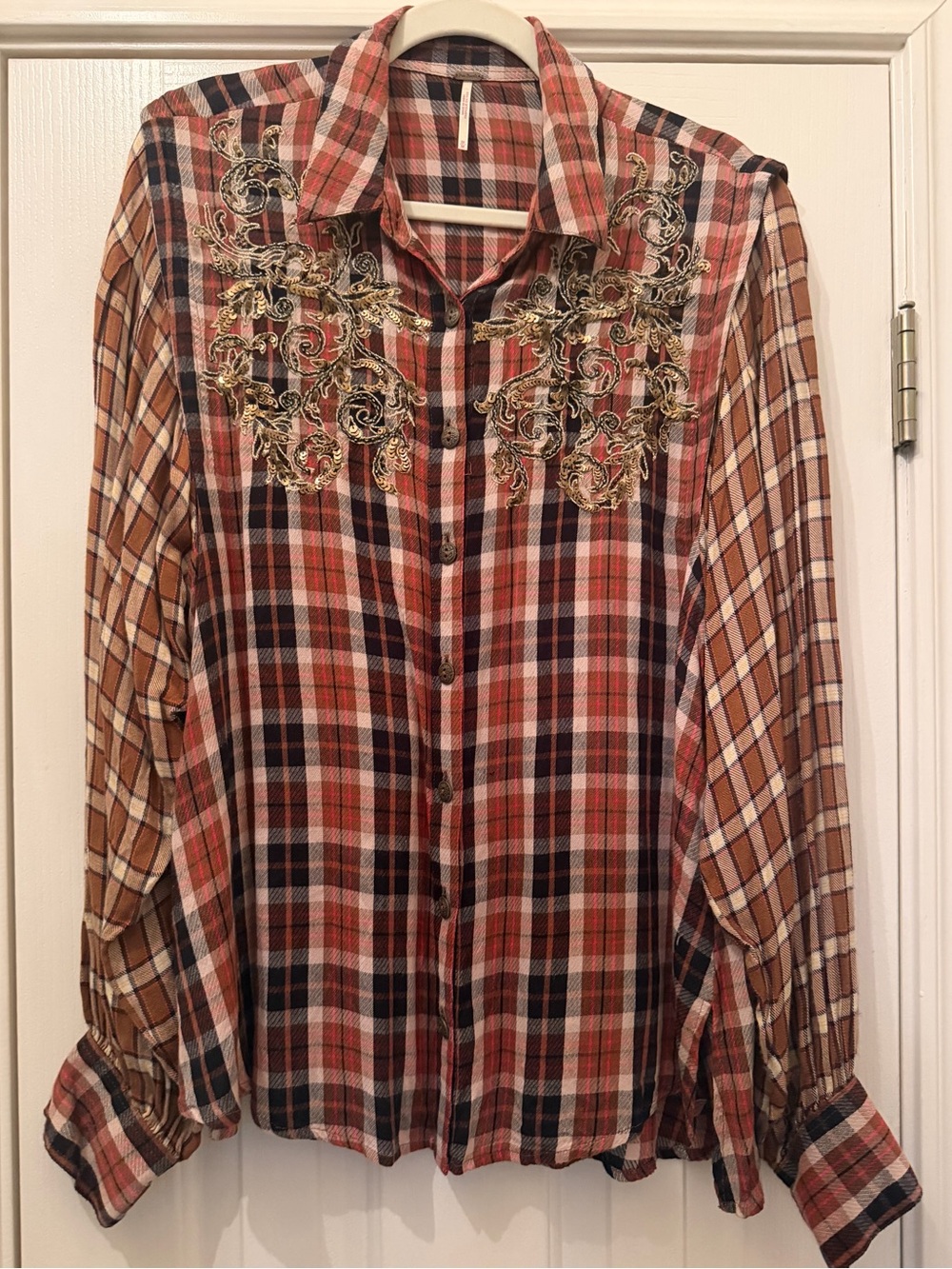 0145. Free People Snow Topped Mountains Rust Plaid Embroidered Button-Down Shirt - Picture 4 of 13